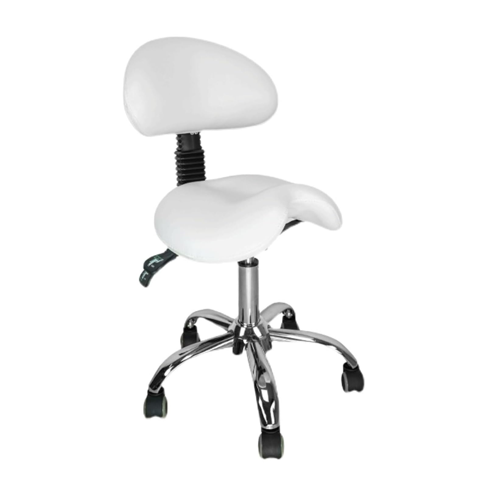 METTEOR Saddle Stool w Back Support Wheels Hydraulic Salon Chair Rolling Adjustable Swivel Dental Hygienist Saddle Chair Custom Colors (White)