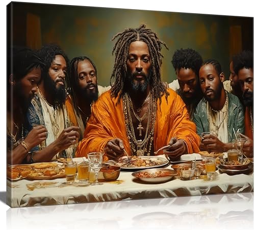 WWN Modern Black Jesus Canvas Wall Art African American The Last Supper Painting Picture Wall Decor Black Man Christian Poster Print Artwork for Kitchen Dining Room Living Room Bedroom Home Decoration