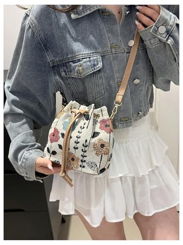 Women's Floral Drawstring Bucket Bag Vintage Crossbody Bags Adjustable Strap Mini Canvas Purses2