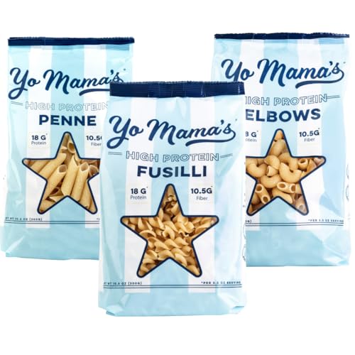 Yo Mama's Foods High Protein High Fiber 3 Variety Pasta (Fusilli, Penne and Elbow) | (3) 10.6 Ounce Bags. | Plant Based, Low Glycemic, and Gluten Free with Clean Ingredients