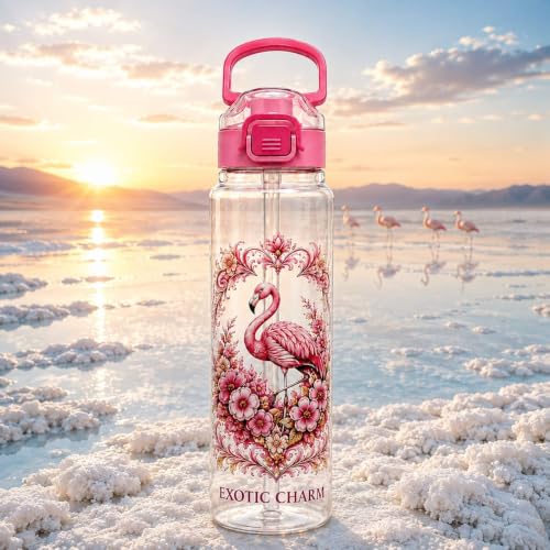 Image of Exotic Charm Flamingo Printed Water Bottle 1 Litre with Straw & Gulp Drinking