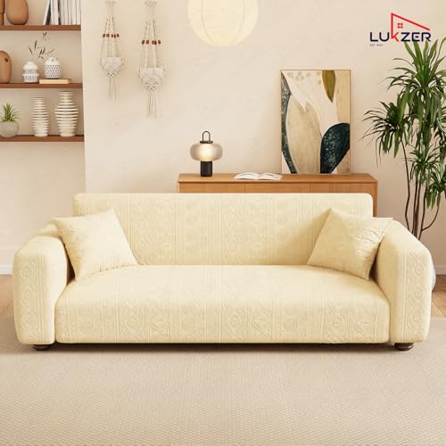 Image of Lukzer 1 Seater Stretchable Sofa Cover | 240 GSM Universal Fit Jacquard Fabric Couch Protector | Pastel Yellow Tribal Pattern | Fully Covered Anti Slip & Washable Sofa Cover (90-140cm /SC-075-01)