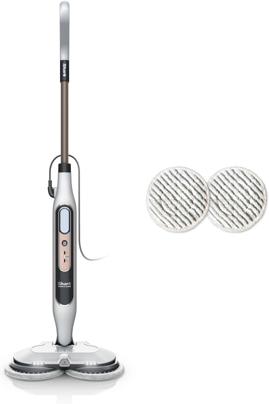 Shark Automatic Steam Mop - 2 Rotating Power Pads, 3 Steam Settings, Stain & Dirt Removal, For Sealed Hard Floors, 8m Cord, White & Grey S8201UK