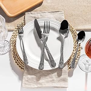 Floral Damask Rose Black Cutlery Set - 20 pcs - Includes 8 x Spoons, 8 x Forks, 4 x Knife - Stainless Steel, Dishwasher Safe, Mirror Polished Tableware - Durable Flatware - Home Kitchen Floral Damask Rose Black Cutlery Set 20 pcs Includes 8 x Spoons 8 x Forks 4 x Knife Stainless Steel Dishwasher Safe Mirror Polished Tableware Durable Flatware Home Kitchen