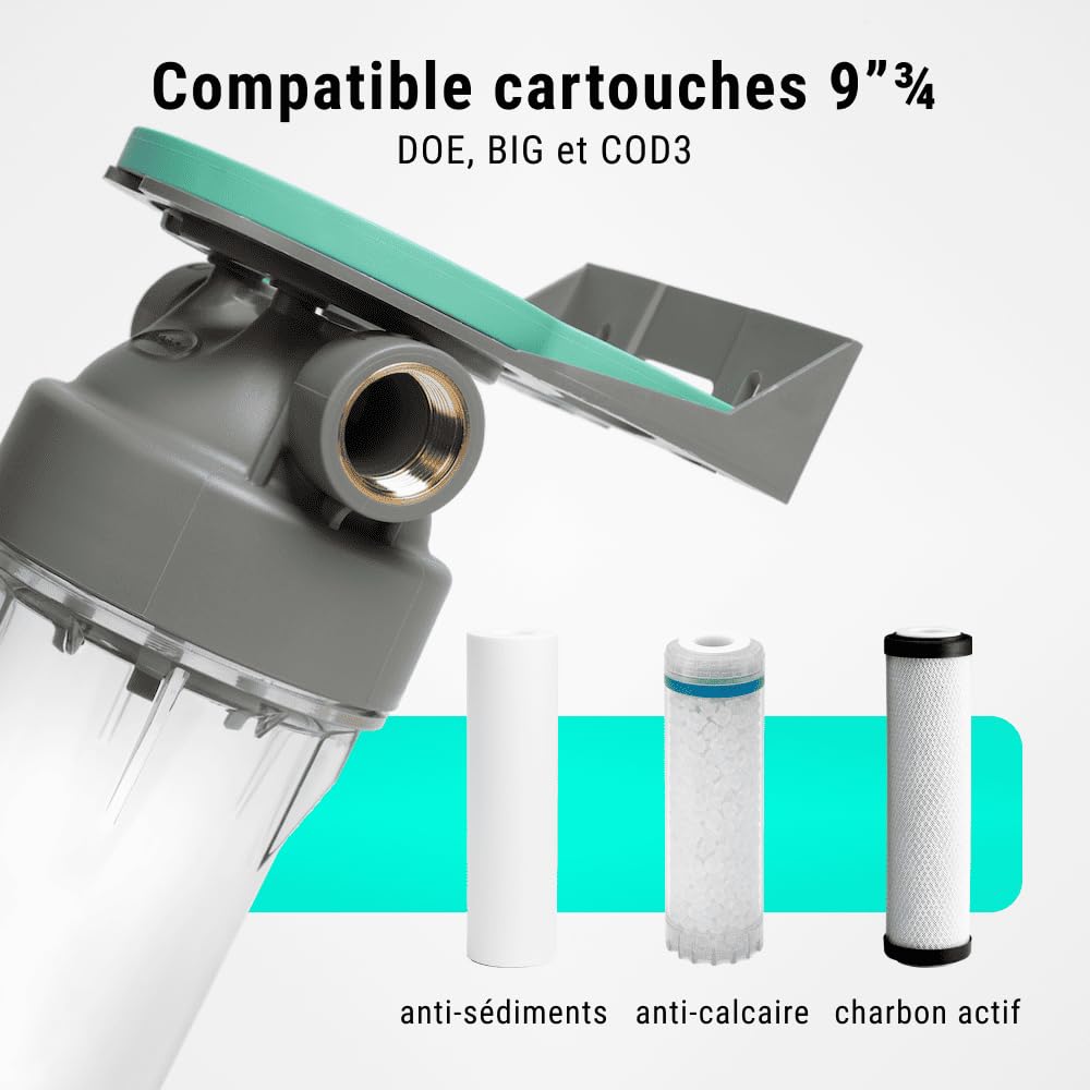ECOSOFT Porte filtre eau double 9’’3/4 2P, connexion 3/4'', support de fixation, clé, conçu pour une filtration de l’eau du robinet facile, sûre, fabrication européenne