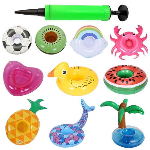 Juego de 10 flotadores inflables para bebidas, soportes flotantes para bebidas con diseños divertidos, accesorios portátiles para relajarse en la piscina, fiestas en la playa, días de lago, spa o uso