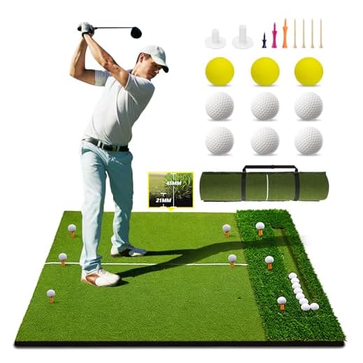TTCB Sports Golf Hitting Mat with Dual Turf & Ball Tray, 5x4FT Golf Practice Mat for Indoor Outdoor Garden, Golf Driving Mats for Training Includes 9 Balls & 9 Tees, Gifts for Men/Golfer