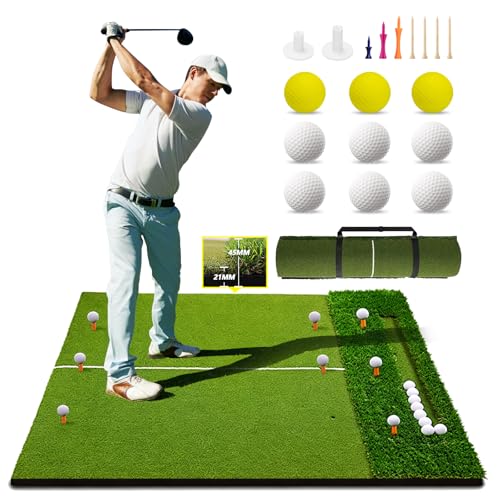 TTCBSPORTS Golf Hitting Mat with Dual Turf & Ball Tray 5x4FT Golf Practice Mat for Indoor Outdoor Garden Golf Driving Mats for Training Includes 9 Balls & 9 Tees Gifts for Men/Golfer