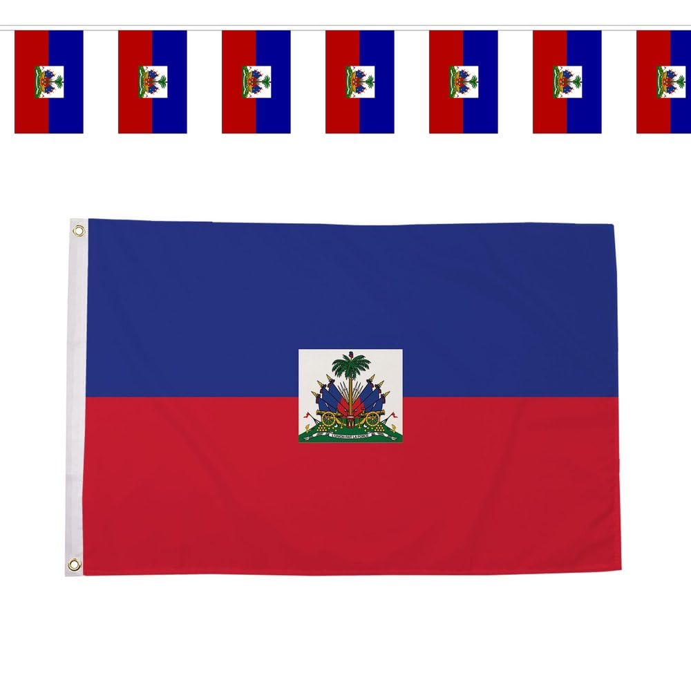 Flagtex Haiti Les Grenadiers World Cup 2026 Large Team Bundle Includes 8ft x 5ft Premium Polyester Flag and 9m Rectangle Bunting Football Fan Pack Indoor Outdoor Decoration