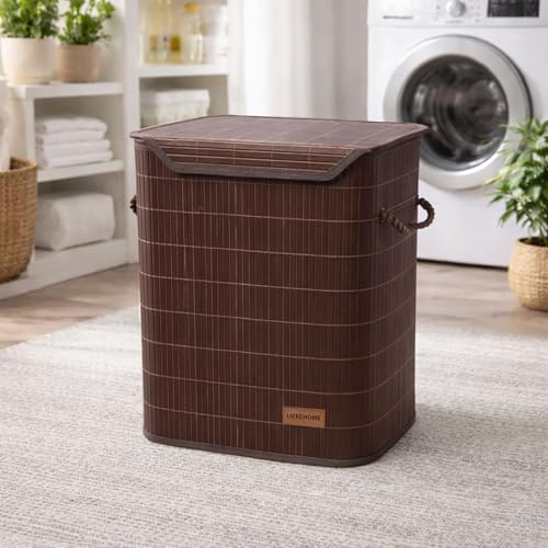 Image of Luxe Home Laundry Basket for Clothes, Premium Bamboo Big Storage Bag with Lid and Side Handle Multipurpose Used In Laundry Rooms, Bedrooms, Bathrooms (40x30x50 cm, Brown)