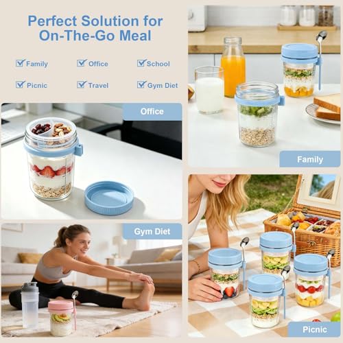 Image of 4 Pack Overnight Oats Containers with Lids and Spoons - 16 oz Glass Mason Jars with Dressing Cup, Over night Oat Jars for Meal Prep, Yogurt Parfait Cup for Chia Seed Salad (Blue)
