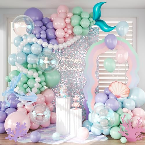 CROSSFINGERS Mermaid Balloon Garland Arch Kit 145pcs Purple Pastel Pink light Blue Balloons with Mermaid Tails Foil Balloons for Birthday Gender Reveal Baby Shower Ocean Themed Party Decorations