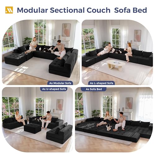 Image of MAXYOYO Modular Sectional Sofa Couch, Foldable Oversized U Shaped Cloud Couch with Pillows, Tufted Boneless Lounger Floor Sofa Bed for Living Room, No Assembly Required, Black