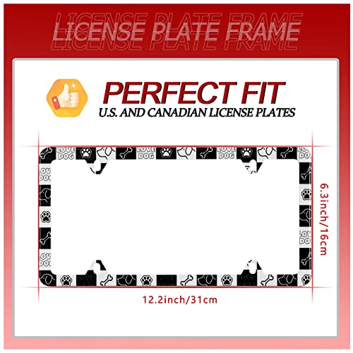 1 Pcs Black White Dog Plaid Dogs Bone Paw License Plate Frame Cute Animals Stainless Steel Metal Car Plate Cover Accessory Rustproof Decor 4 Holes Screws 12.3" X 6.3" Fit All Vehicle Standard Size #TOP5