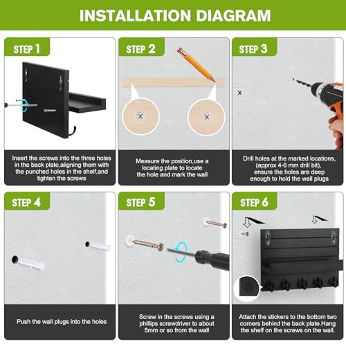 Kldgris Schlüsselbrett mit Ablage, Dekoratives Holz Wandregal, Schlüsselbrett Holz Schwarz, mit 5 Schlüsselhaken, für Eingang, Flur, Schlafzimmer, Wohnzimmer
