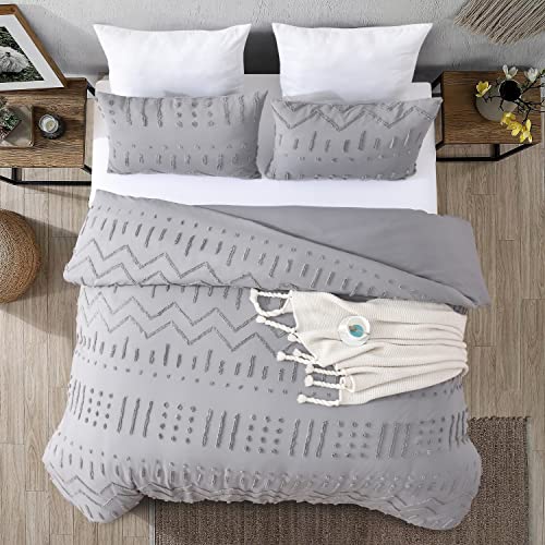Duvetex Grey Tufted Twin Duvet Cover Set, Soft And Breathable Shabby Chic Embroidery Duvet Covers For All Seasons, Boho Bedding Set 68"X 90" (1 Duvet Cover With 1 Pillow Shams) #TOP1