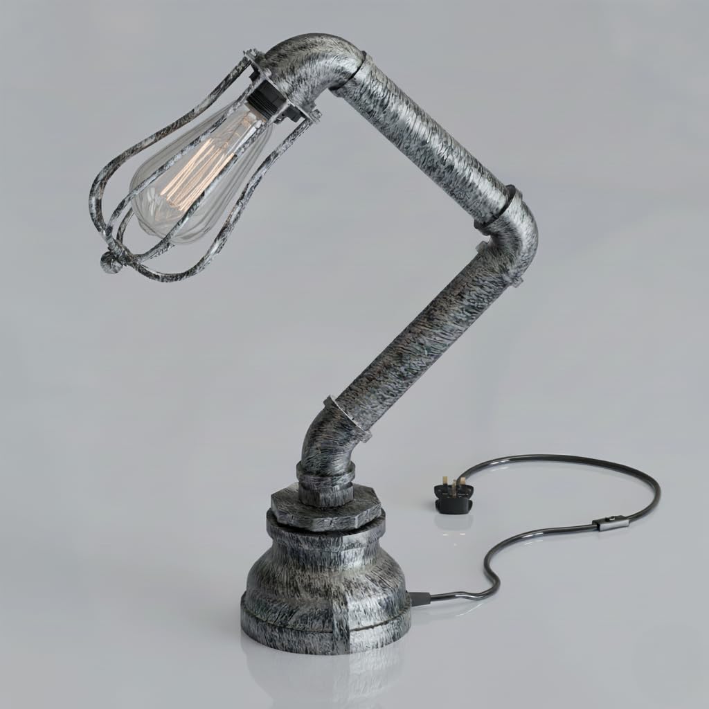 LEDSone Industrial Steampunk Pipe Table Lamp Vintage Retro Desk Light 31cm Brushed Silver E27 Bedside Lamp for Living Room, Bedroom, Study, Office Décor — image 1