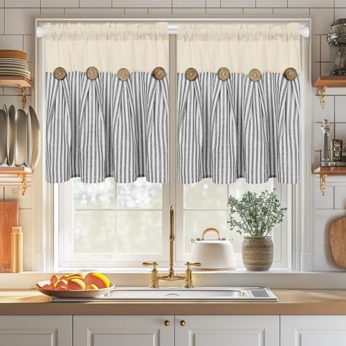 Cotton Linen Farmhouse Kitchen Curtains 24 Inch Boho Rustic Button