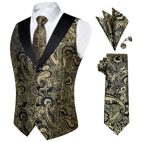 Image of DiBanGu Mens Paisley Vest Silk Sleeveless Suit Vest and Neck Tie Pocket Square Cufflinks Set for Wedding Formal