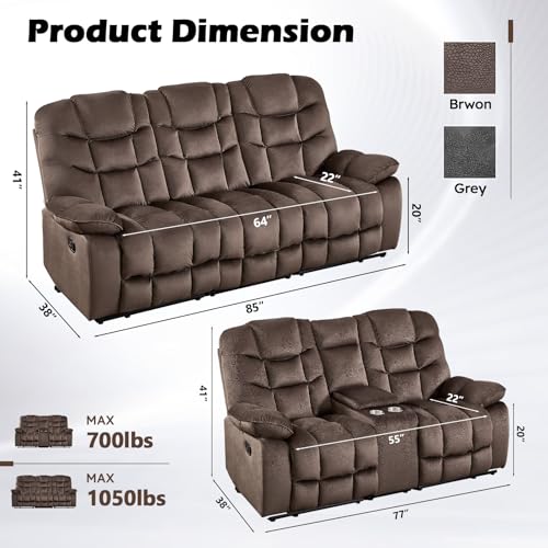 Image of HAOMARKETS 2-Piece Manual Recliner Sofa Set, Include 2-Seater Loveseat Recliner Couch Featuring Hidden Storage & Cup Holders and 3-Seat Reclining Sofa for Living Room, Brown