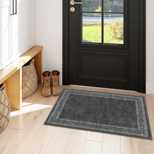 Image of Lahome Modern Bordered 2x3 Rugs for Entryway Bedroom, Gray Kitchen Rugs Non Slip Washable Ultra-Thin Indoor Door Mat for Entry, Soft Stain Resistant Throw Carpet for Laundry(2x3ft,Gray)