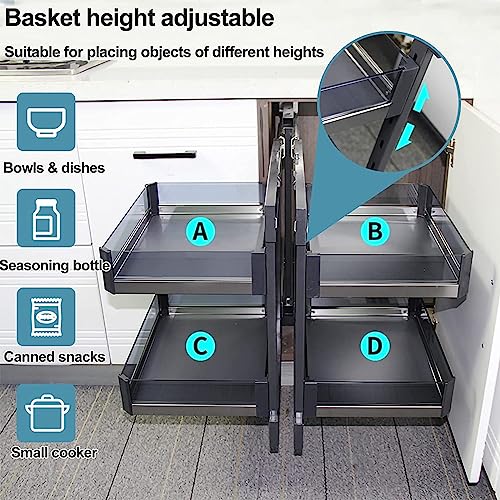 Corner Cabinet Organizer Estrae Rack Girevole con 4 Cestini di Alluminio Regolabili, Stoccaggio Heavy Duty per Vasi E Spezie, Sistema di Rotolamento Chiusura Morbile, Massimizzare Lo Spazio Della Cuci