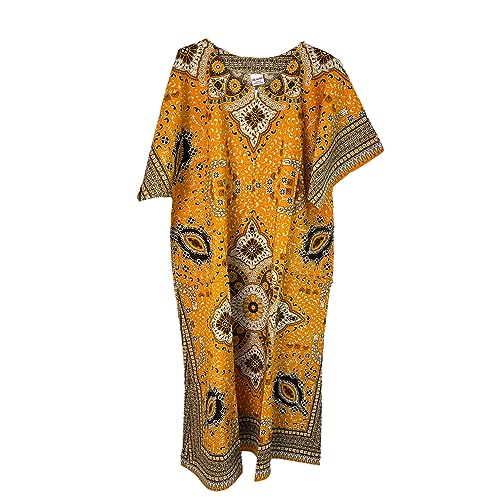 Robe caftan longue d'été pour femme 100 % coton Dashiki imprimé africain Taille unique, jaune moutarde, Taille unique