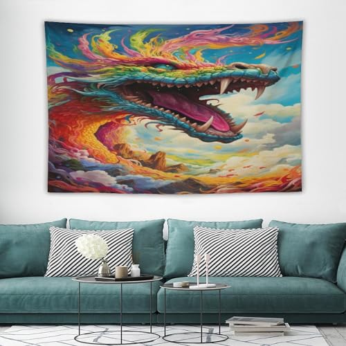 Dragon tapisserie murale suspendue pour cacher un mur abime et decorer la chambre