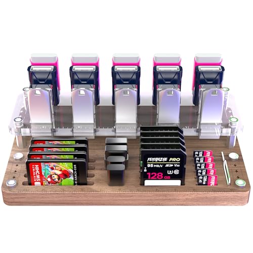 FEIFANZHE 40 Slots Wooden Memory Card Case for TF/CF/Nintendo Switch, USB Flash Drive/SD Card Holder Desk With Removal Pin - Protection Box-03MY