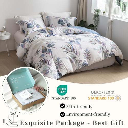 MILDLY 100% Long-Staple Cotton Duvet Cover Set Palm Leaf Pattern Printed Comforter Cover 3pcs, Ultra Soft & Breathable Bedding Set