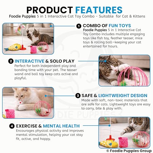 Image of Foodie Puppies 5-in-1 Interactive Cat Mini Toy Combo for Cats & Kittens | Blowfish Toy, Mouse Cage Ball, Spring Coil, Fur Mouse Stick & White Fur Mouse | Indoor Play & Exercise Toys
