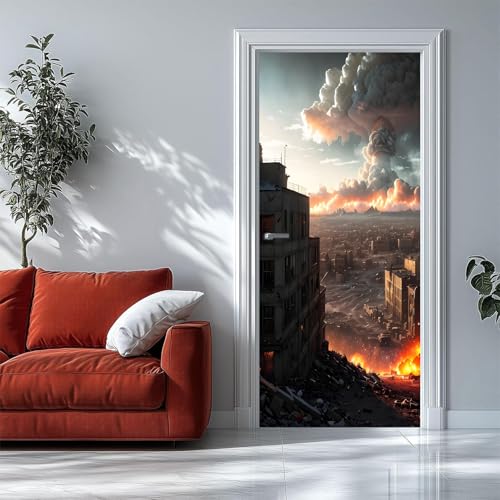 Pegatinas 3D para Puertas de Interior Pueblo Guerra Mural de Puerta Autoadhesivo, Extraíble, para Dormitorio, Sala de Estar, decoración del Hogar, 90 X 210 Cm