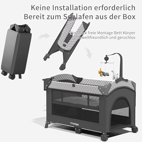 Trimigo Klappbares babybett&Reisebett & Beistellbett –Tragbar Baby Bett Höhenverstellbar, Tragbar & Einfach zu Verstauen, inkl. Spielzeug, Wickeltisch und Moskitonetz – Geschenk für Junge Eltern
