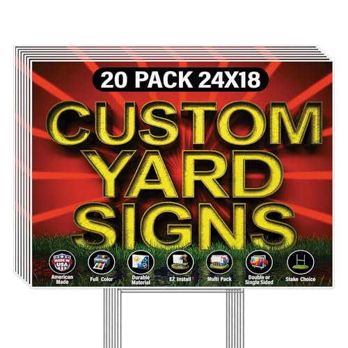 20 Pack of 24x18 inch Custom Yard Signs, Double and Single Sided Print, Metal H-Stakes, Durable 4mm...