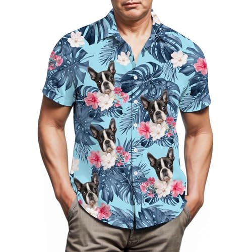 Lussues Nee Boston Terrier Hawaiian Shirts for Men Button Down Beach Casual Shirtss Blue