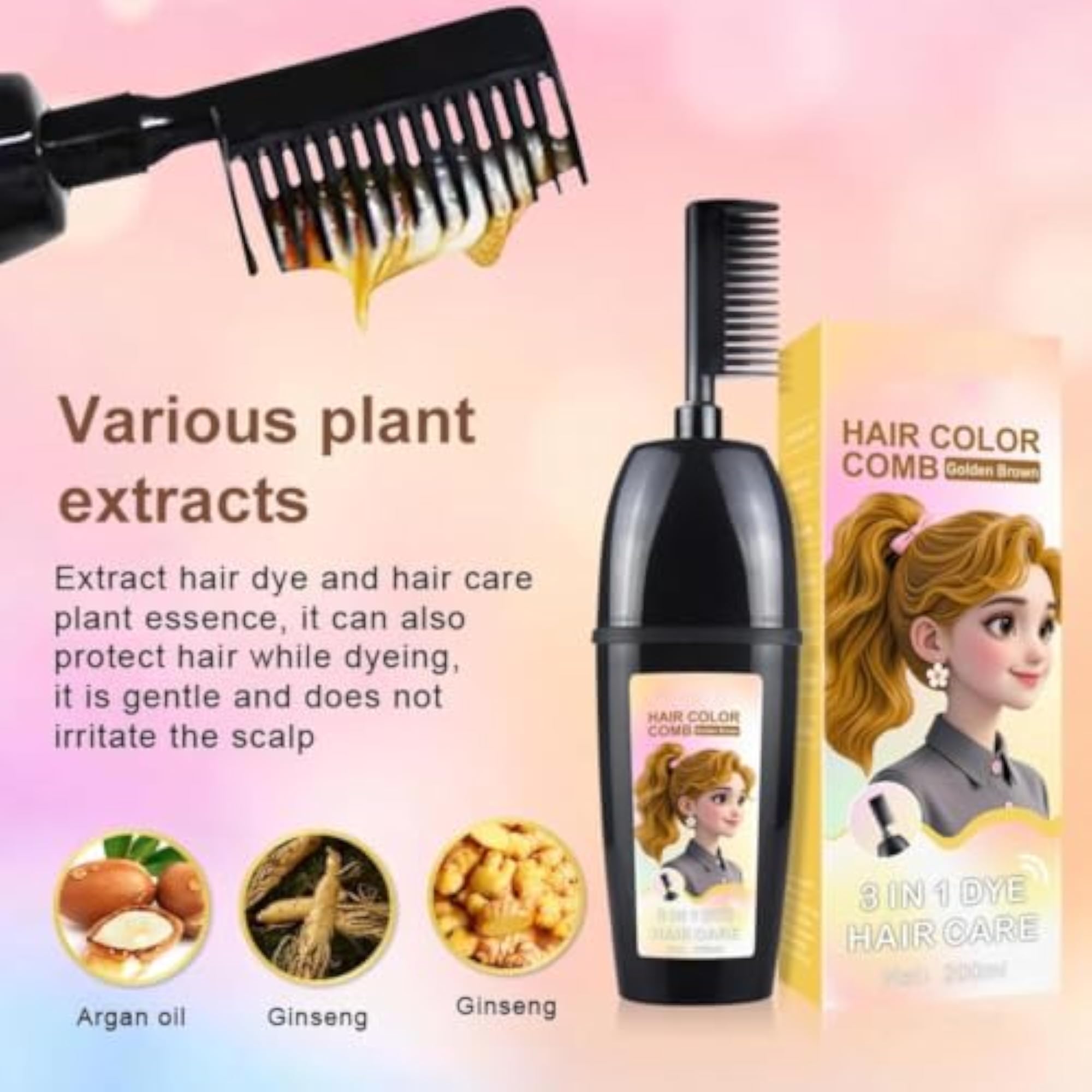 Permanent Herbal Hair Color Shampoo Comb, Plant-Based Formula