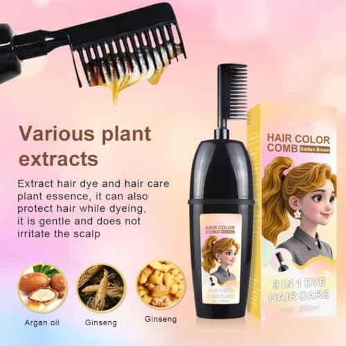 Image of Permanent Herbal Hair Color Shampoo Comb with Plant-Based Formula & Nourishing Hair Care Suitable for All Hair Types &, Natural Hair colur for Even Coverage for women, men,Color Stick200ml (Golden Brown)