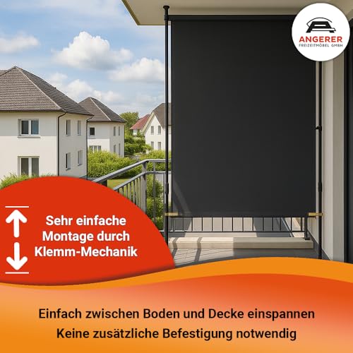 Angerer Balkonsichtschutz, Senkrechtmarkise mit Handkurbel, Terrasse/Balkon, Montage ohne Bohren, Made in Germany, hochwertiger Stoff, UV-beständig, höhenverstellbar, wasserabweisend, 150 cm Hellgrau