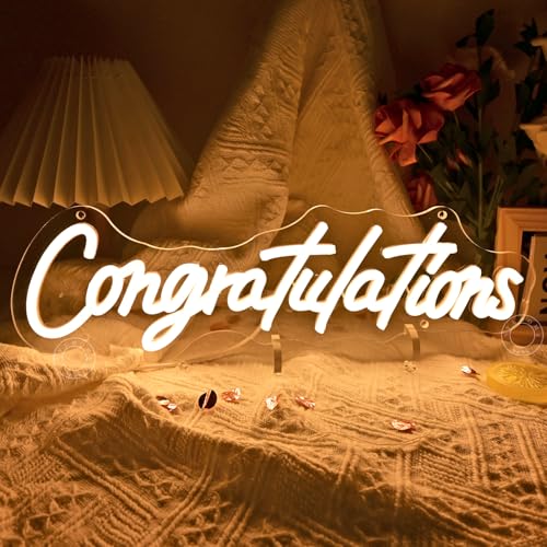 Image of SYLHOME Congratulations Led Neon Light Sign Gratuation Celebrate Wall Sign Decor Backdrop Congrats Grad Prom Party Wedding Birthday Banner Decor Gifts 16.14 inch X 4.92 inch USB Warm White