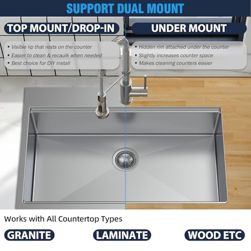 Image of 33 Undermount Kitchen Sink Modern - 33x22 Drop-in Kitchen Sinks, 18 Gauge 304 Stainless Steel Workstation Sink, Deep Single Bowl, Dual Mount, Handmade Basin, 8.9 Inch Deep, Built-In Accessories