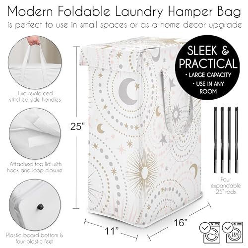 Image of Sweet Jojo Designs Blush Pink Gold Star and Moon Girl Laundry Hamper Foldable Dirty Clothes Basket with Handles for Baby Nursery Kids Bedroom Teen Bathroom - Grey Celestial Sky Stars Gray Shabby Chic