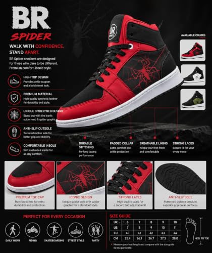 BROOMI High-Top Sneakers with Spider Web Print, Lace-Up RED_BLACK - Image 5