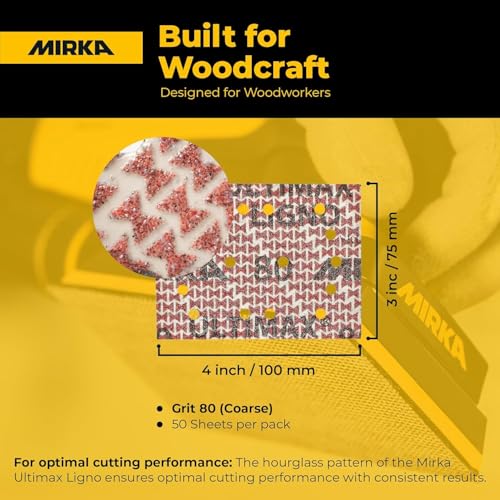 Image of Mirka Ultimax Ligno 3x4 in 80 Grit Wood Sanding Sheets Hook & Loop 50 Pack | Woodworking Sandpaper for Orbital Sanders with Multifit Holes, Fast, Even Cut and Dust Extraction on Hardwood and Softwood