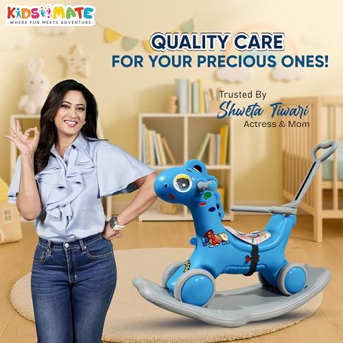 Image of Kidsmate 3-in-1 Push Ride-On and Rocker for Kids 2-5 Years | Ride, Push & Rock Modes | Seat Belt Safety | Non-Toxic & PE Body with Parental Handle | Rocker Horse for Babies (Blue)
