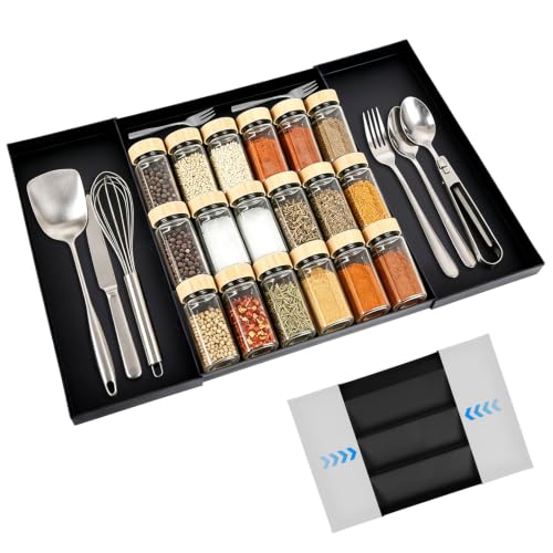 Expandable Spice Drawer Organizer with 5 Compartments & 2 Utensil Slots, Heavy-Duty Large Capacity Multi-Functional Kitchen Spice Rack for Drawer Cabinet Tray, Black
