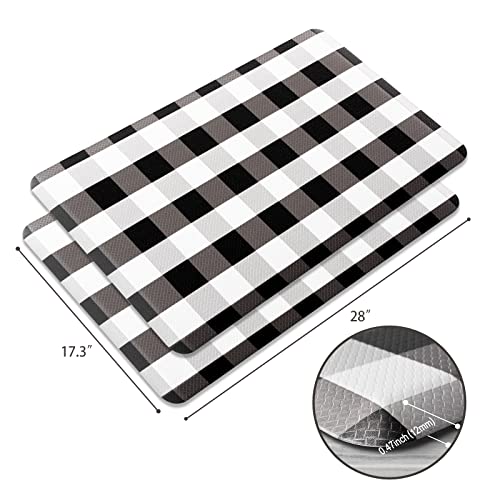 Carvapet 2 Pieces Buffalo Plaid Kitchen Mat Set Cushioned Anti Fatigue Comfort Floor Mat Waterproof Non-Slip Foam Ergonomic Standing Rug For Kitchen Office Laundry,Black & White,17.3"X28"+17.3"X28" #TOP1
