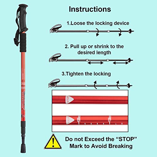 Image of Aihoye Metal Hiking Trekking Poles, 2 Pack Collapsible Lightweight Anti-Shock Walking Sticks, Adjustable for Men and Women (Red)