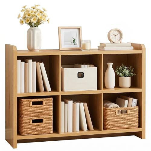 Image of 6 Cube Low Storage Organizer, 45 inch Long Horizontal Bookshelf, Natural
