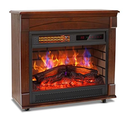 Wood Electric Fireplace Mantel Heater, 27" Indoor Freestanding Fireplace Stove Infrared Heater with Log Set Adjustable Led Flame Remote Control Wheels Digital Display 3 Heater Mode, 750W-1500W