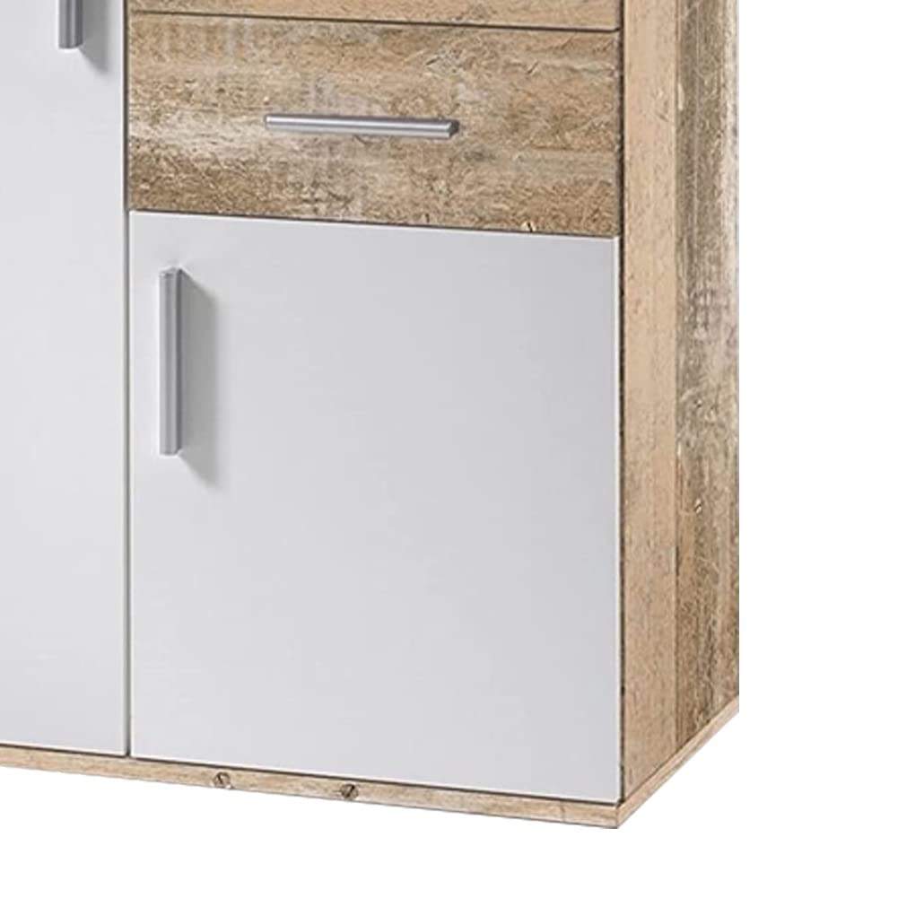 BAKAJI Mobile Madia con 2 Cassetti Doppia Anta e 2 Ripiani Interni Mobiletto Credenza Armadio Multiuso Cucina Bagno Ufficio Design Moderno Dimensioni 82x35x80cm (Bianco e quercia effetto legno)